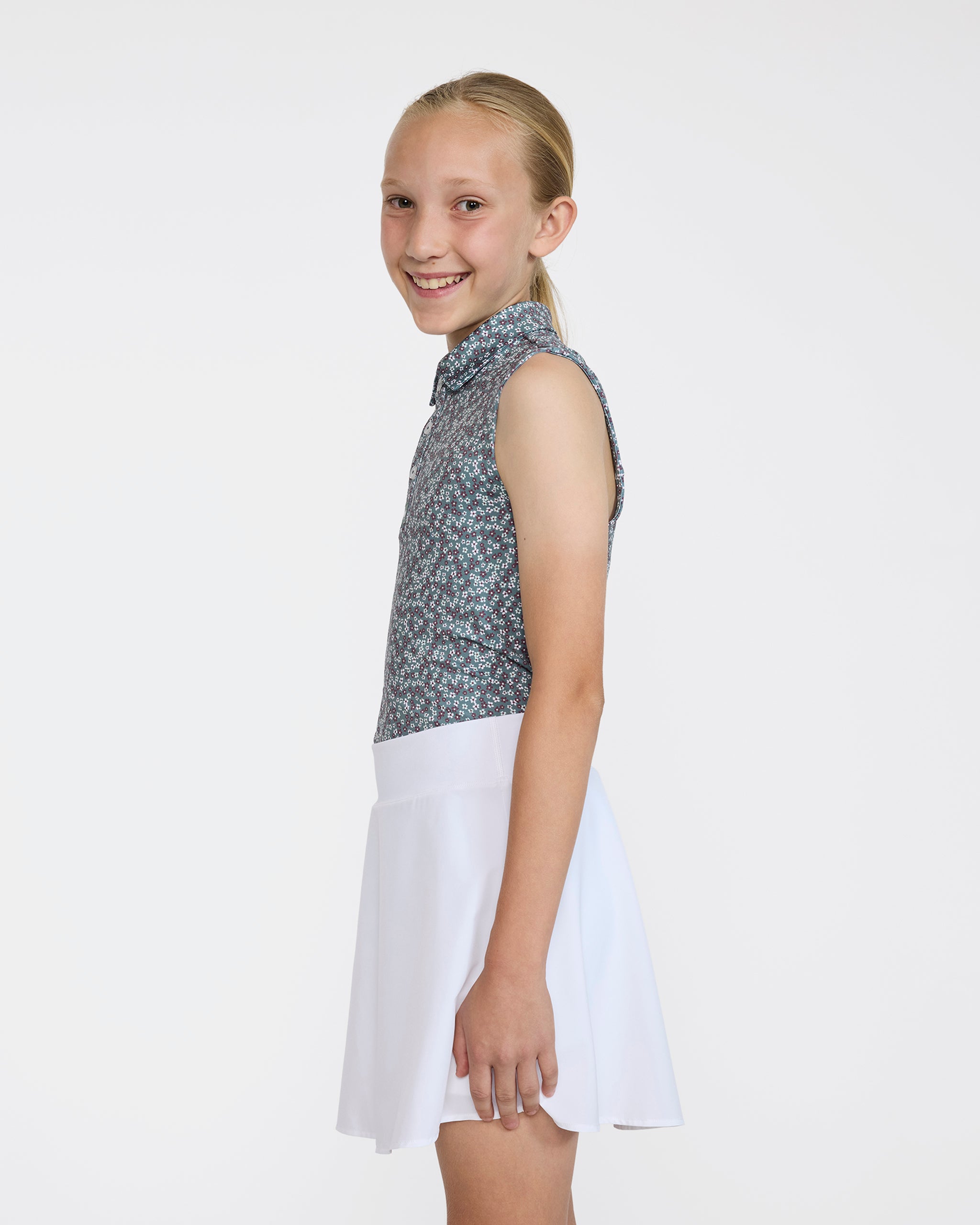 Youth Polo - Ditsy Down - Dark Forest Sleeveless-Youth Polo-Bad Birdie