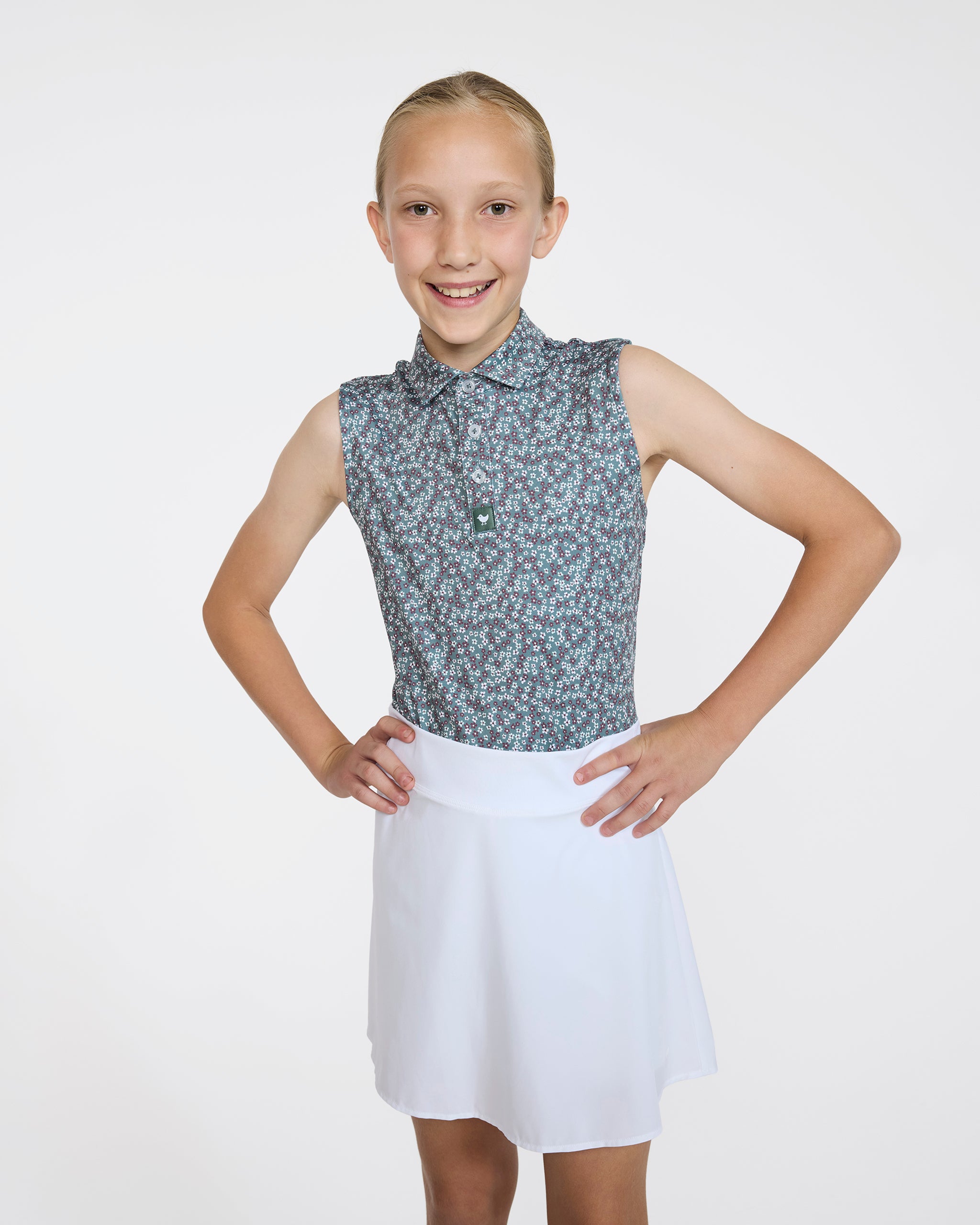 Youth Polo - Ditsy Down - Dark Forest Sleeveless-Youth Polo-Bad Birdie