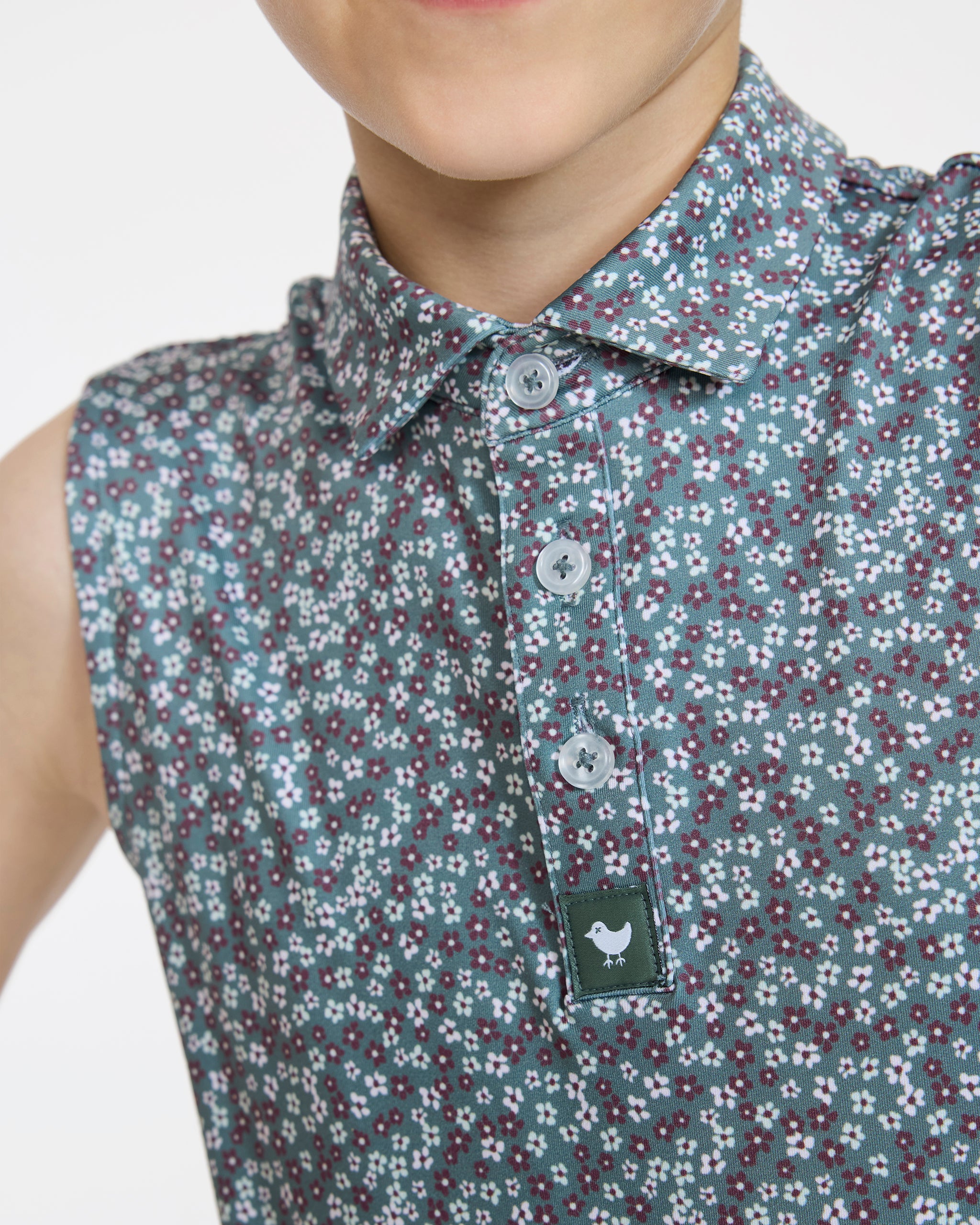 Youth Polo - Ditsy Down - Dark Forest Sleeveless-Youth Polo-Bad Birdie