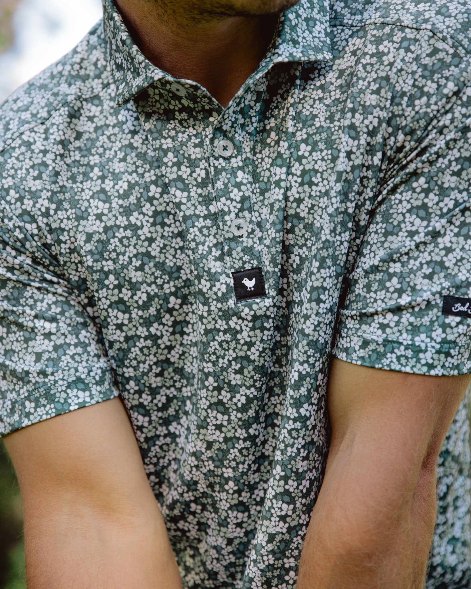 Green Micro Floral-Men&#39;s Polo-Bad Birdie-with-Micah-Morris