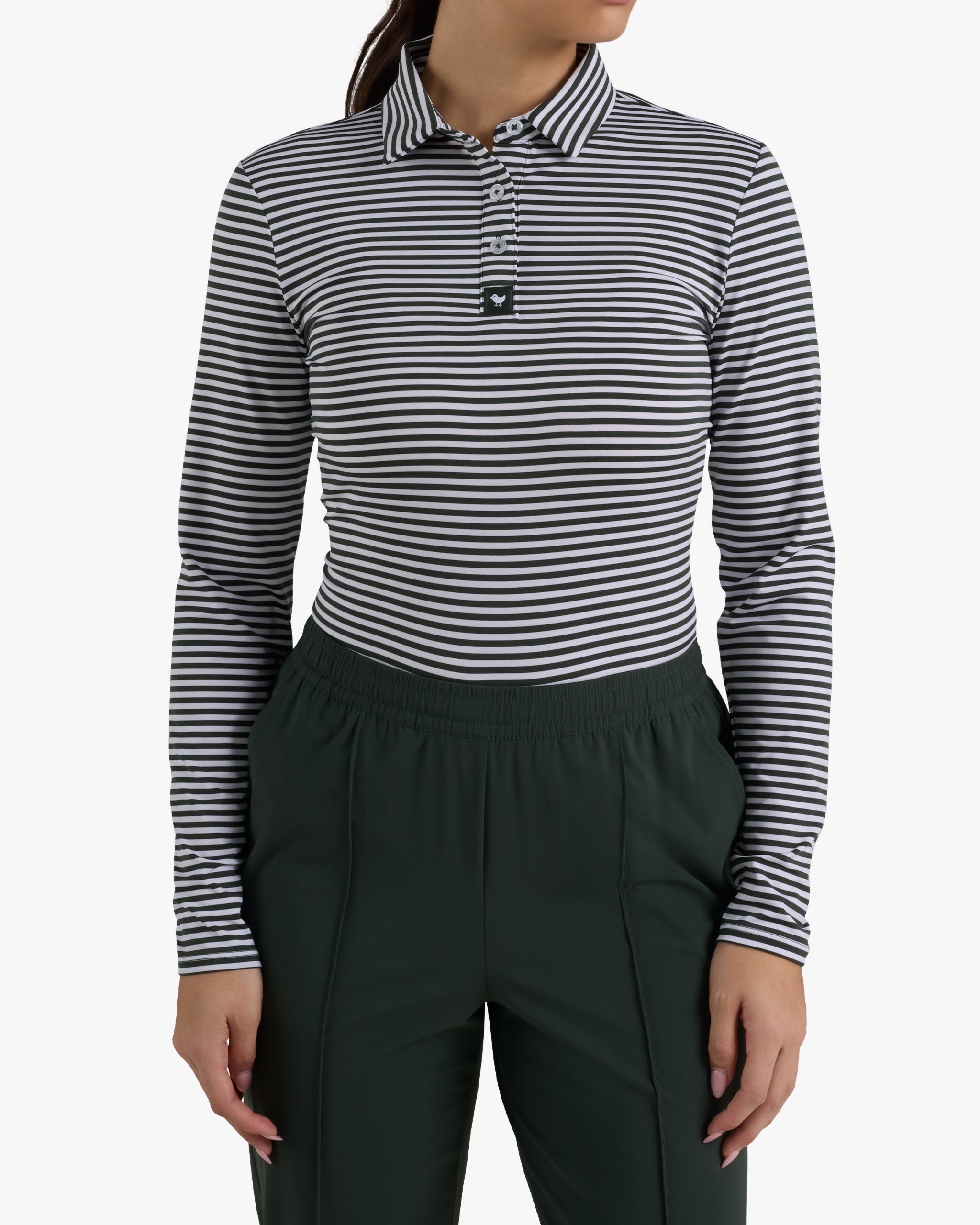 Long Sleeve Polo - Stripe Right - Deep Forest-Women's Long Sleeve Polo - Bad Birdie